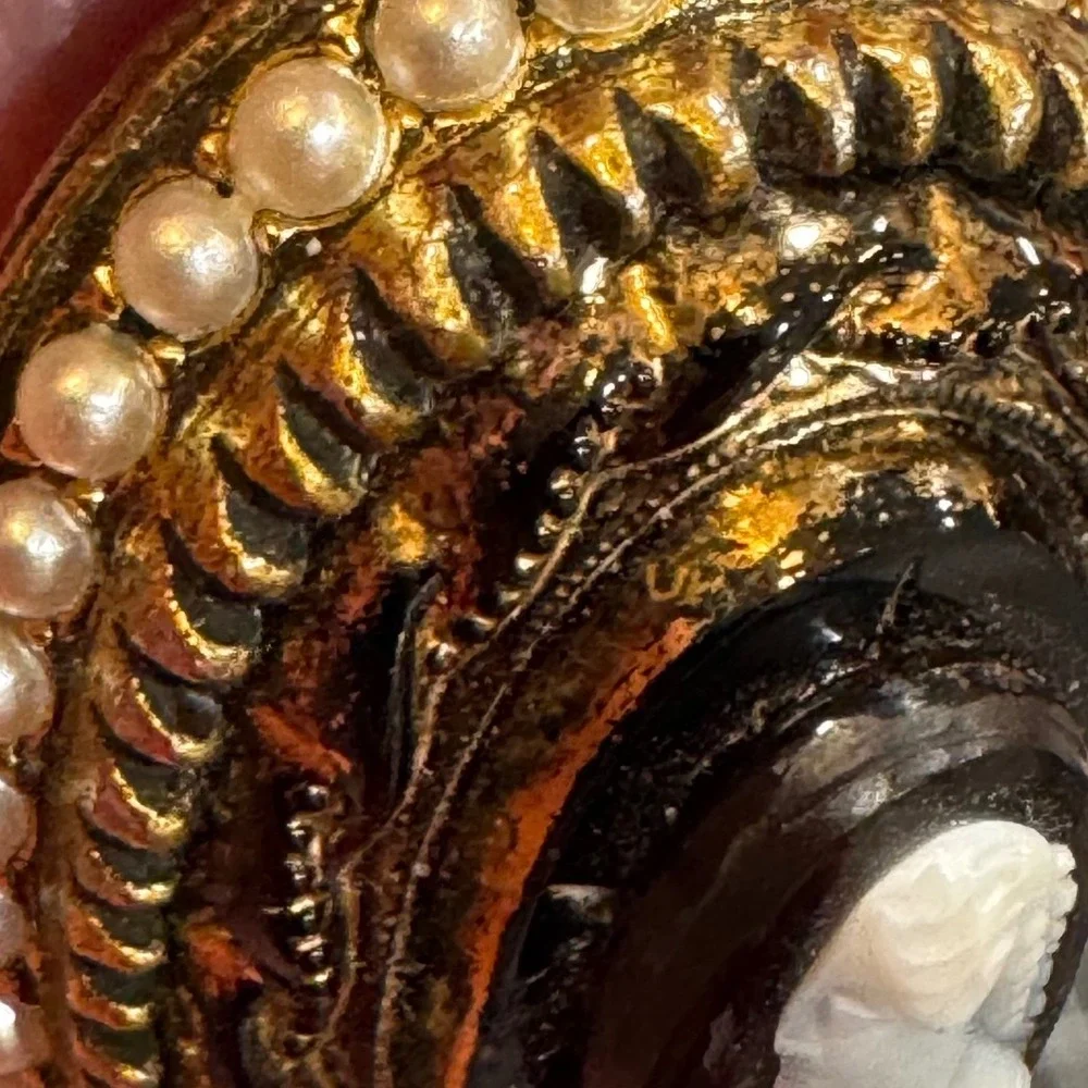 Vintage Ornate Cameo Brooch Faux Pearl Gold Tone Victorian Style Fleur de Lis
